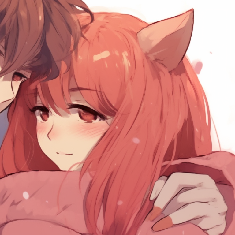 Two characters in fluffy outfits, sharing a cozy moment, bright colors with a muted background. cuddly matching pfp for bf and gf pfp for discord.
