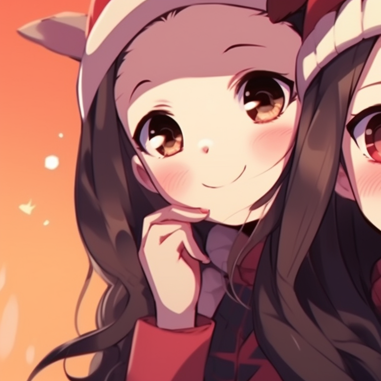 Nezuko and another character in synchronized festive poses, energetic lines and vibrant colors. nezuko-themed matching christmas pfp pfp for discord.