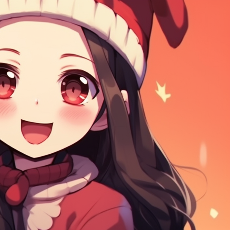 Nezuko and another character in synchronized festive poses, energetic lines and vibrant colors. nezuko-themed matching christmas pfp pfp for discord.