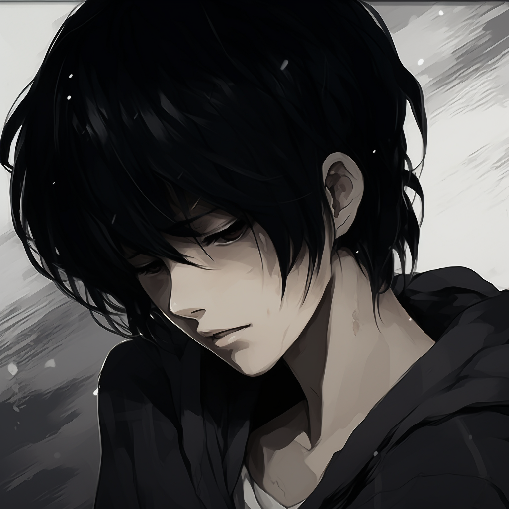 Art of a brooding anime boy, intense expression and faded color palette. depressed anime boy pfp collection