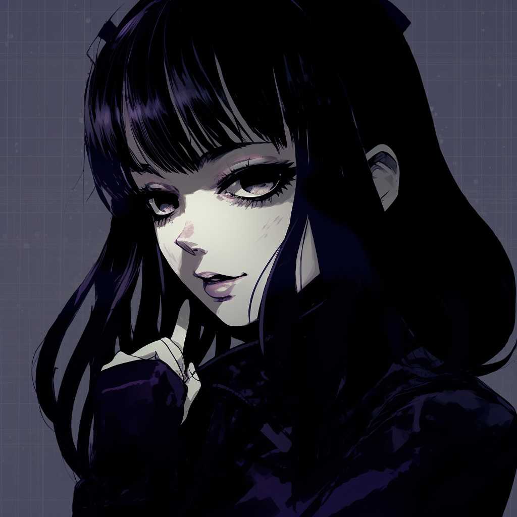 Profile shot of Sunako Nakahara from The Wallflower in her signature goth outfit, showing emphasis on darker color tones and stylized makeup. popular goth anime characters pfp for discord.