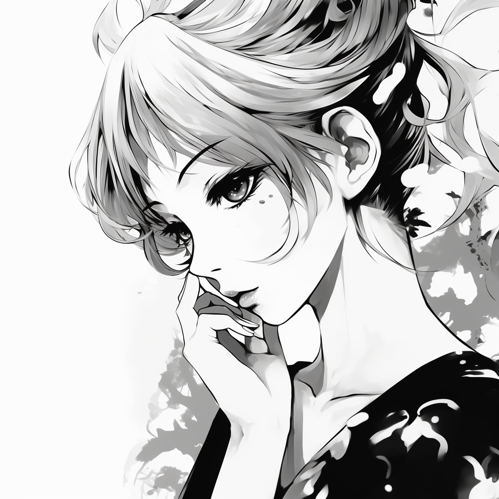 Striking female anime character, black and white tones emphasis on intricate hair design. black and white anime female profile picture