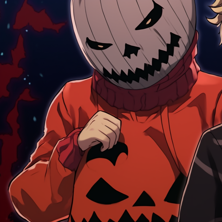 Close-up of Tokyo Revengers characters, their faces obscured by shadowy Halloween masks. tokyo revengers matching pfp halloween theme images pfp for discord.