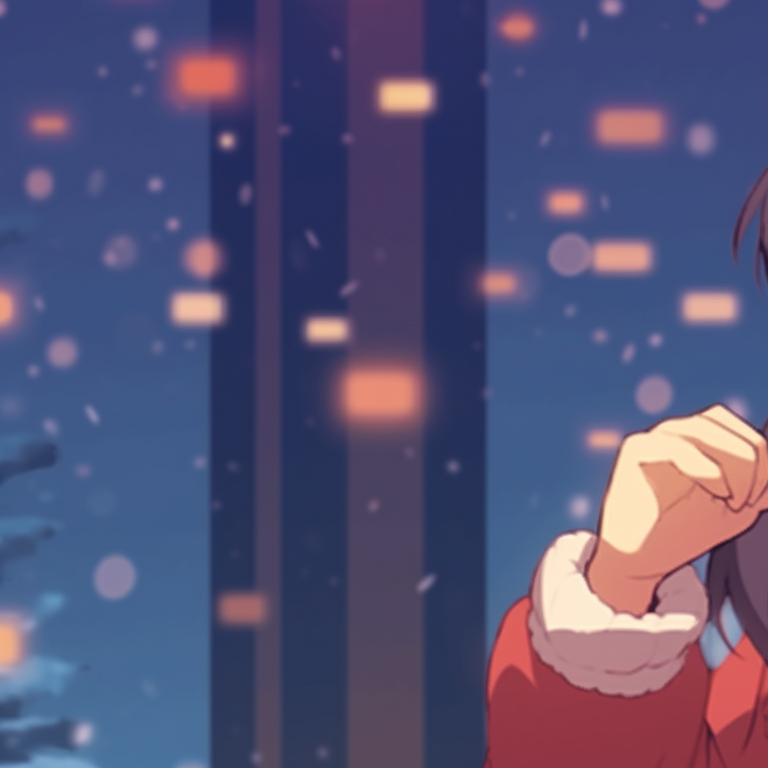 Two characters under a glowing mistletoe, blushes visible, in a hushed moment. matching cute christmas pfp gif - couples edition pfp for discord.