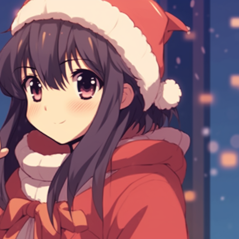 Two characters under a glowing mistletoe, blushes visible, in a hushed moment. matching cute christmas pfp gif - couples edition pfp for discord.