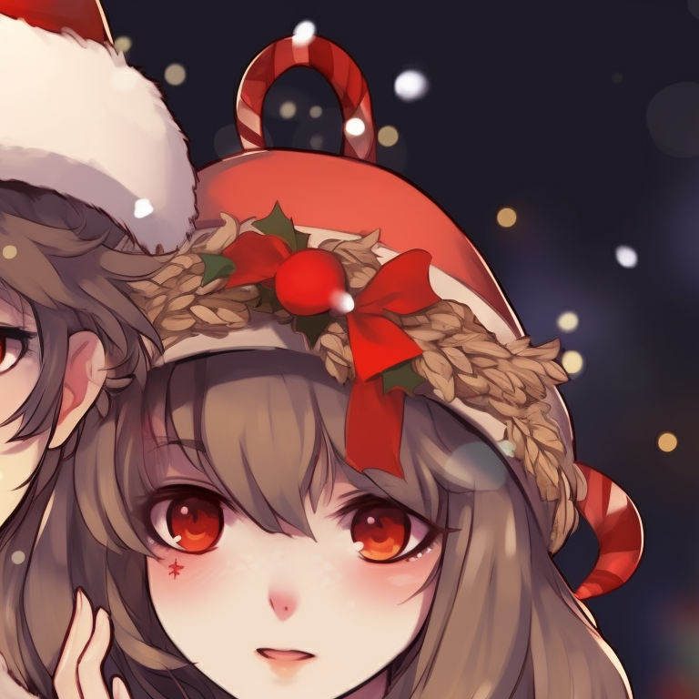 Two characters in matching themed headgear, strong contrast and fine festive details. romantic matching pfp christmas pfp for discord.