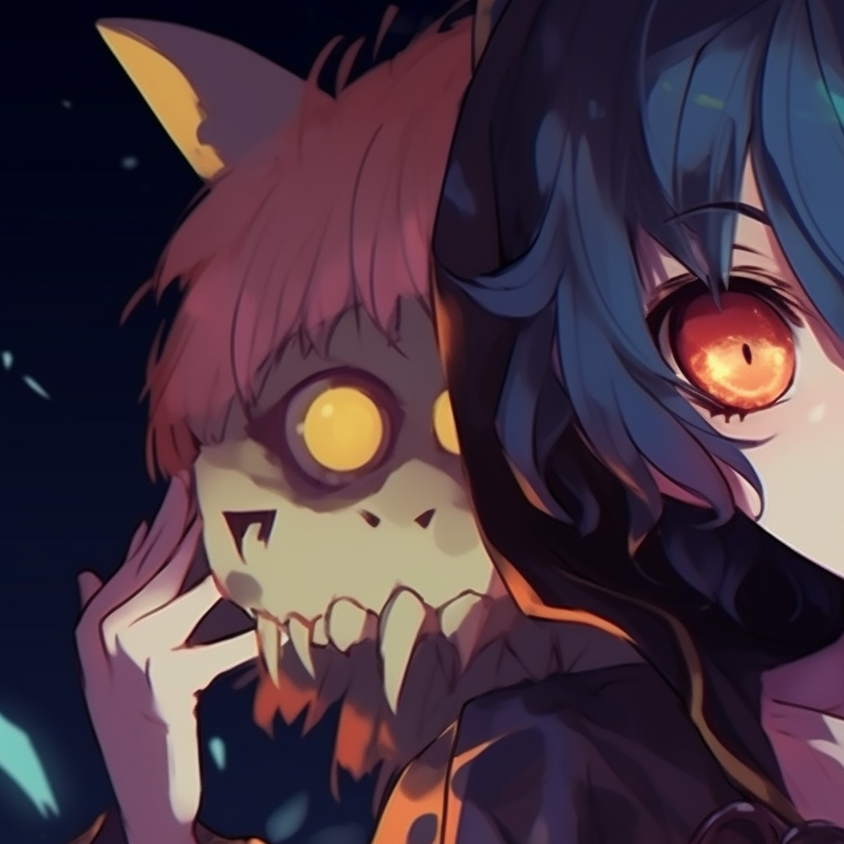 Two characters in vampire costumes, pale skin, deep red and black tones. charming halloween themed best friend matching pfp - spooky duo pfp for discord.