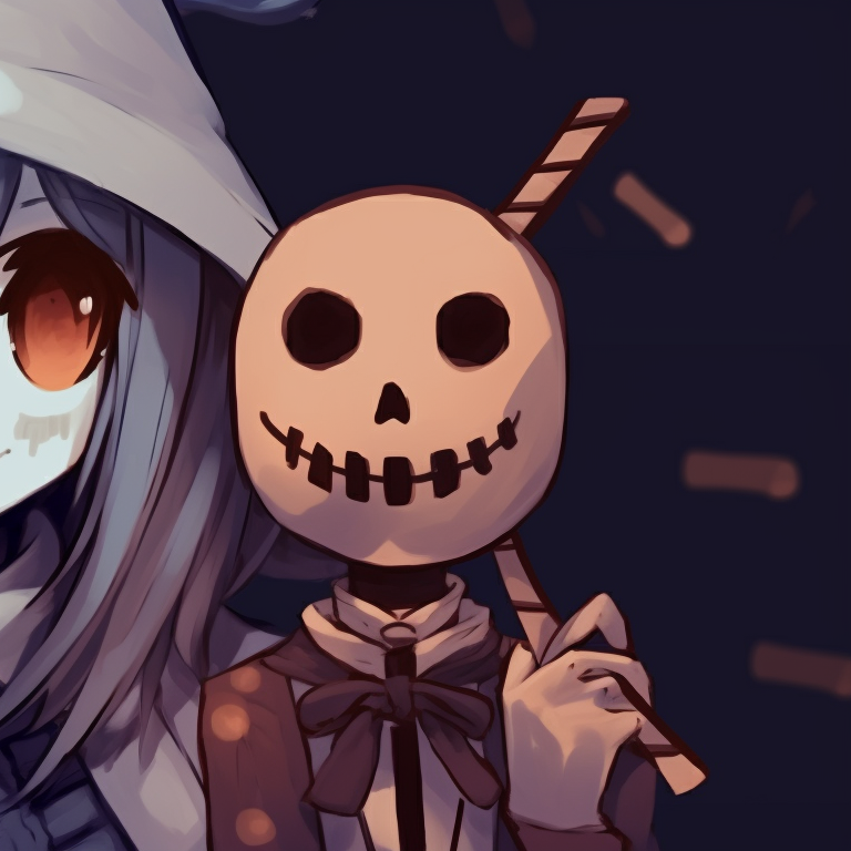 Two characters exchanging pumpkin-headed presents, a blend of warm Halloween oranges and festive greens, with playful expressions and actions. unique anime christmas pfp blending halloween theme pfp for discord.