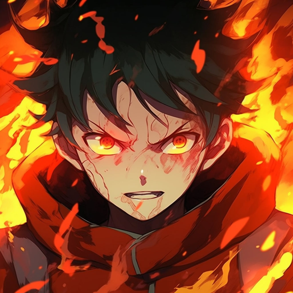 A figure ablaze in orange and red tones, angular lines and sharp contrast. top fire anime pfp