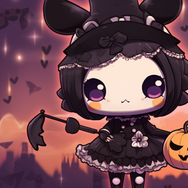Melody and Kuromi near a jack-o'-lantern, warm pumpkin shades and soft shading. melody and kuromi matching pfp halloween theme ideas pfp for discord.