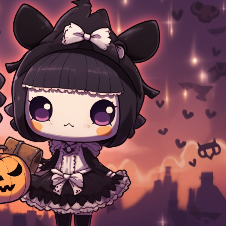 Melody and Kuromi near a jack-o'-lantern, warm pumpkin shades and soft shading. melody and kuromi matching pfp halloween theme ideas pfp for discord.