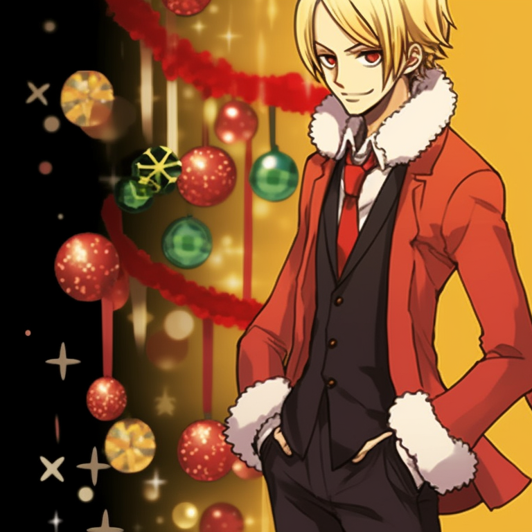 Sanji sharing a festive spirit, bold outlines and expressive eyes. anime style matching sanji christmas pfp pfp for discord.