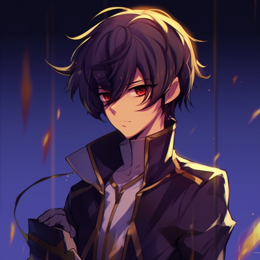 Close-up of Lelouch's face, mysterious gaze and highly detailed features. anime boy pfp themes anime pfp