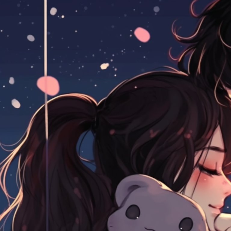 Two characters in a soft glowing light, embracing each other gently. perfect matching pfp for couples pfp for discord.