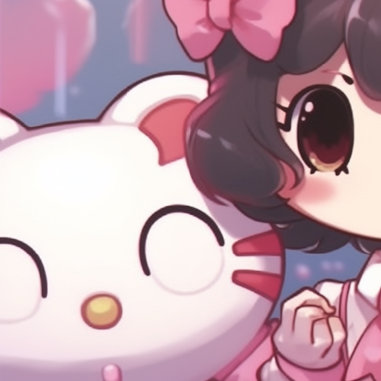 Two characters, highlighted with bright colors and cute details, showing their friendship. hello kitty pfp matching creative pfp for discord.