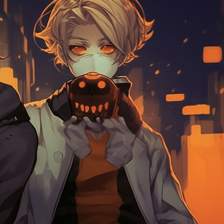 Two Tokyo Revengers characters, wearing playful Halloween costumes, standing in front of a row of jack-o'-lanterns. tokyo revengers matching pfp halloween theme images pfp for discord.