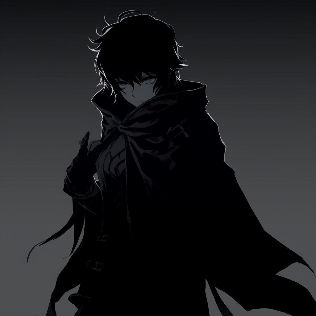 A mysterious male character enshrouded in darkness, detail focuses on the piercing eyes. anime pfp dark featuring male characters pfp for discord.