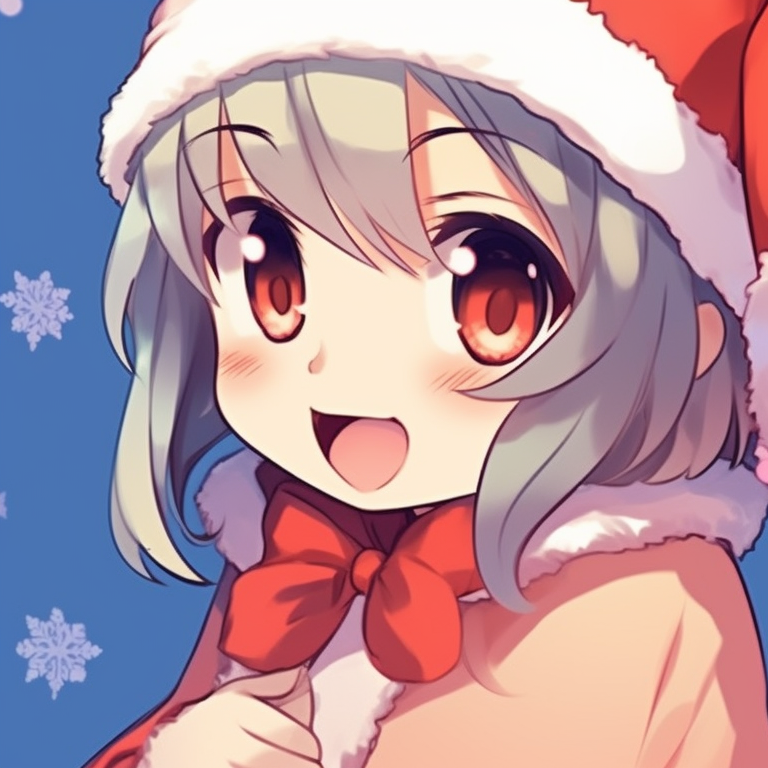 Two characters, with holiday lights reflecting in their eyes, vibrant colors with a focus on soft, warm lighting. lovable matching christmas anime pfp boy and girl pfp for discord.
