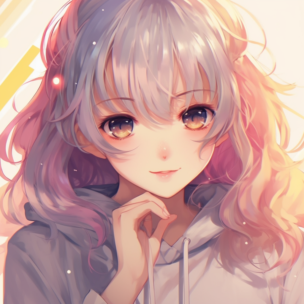 Anime girl lost in multicolored dreams, featuring highly saturated colors and intricate shading. multicolored cute pfp anime