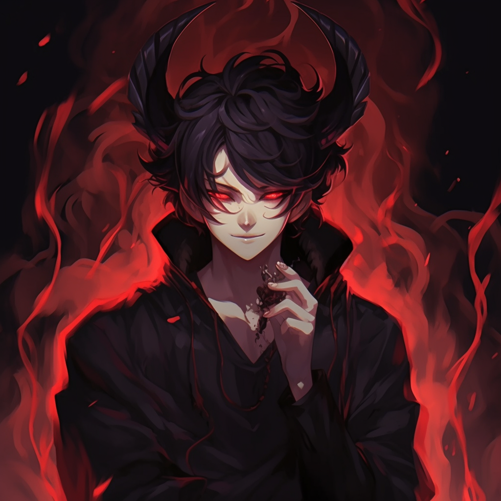 Demon Lord in a victorious pose, showcasing detailed costume design and bold linework. top ranked demon anime pfp pfp for discord.