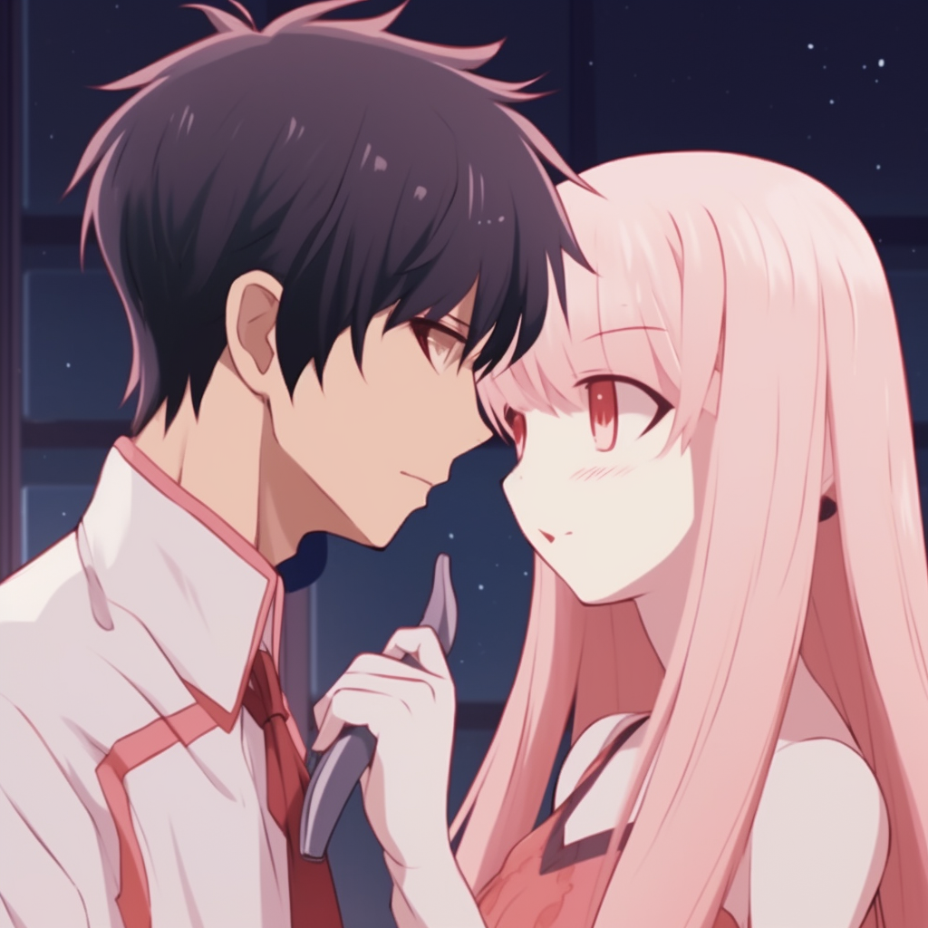 A headshot of Hiro and Zero Two, showcasing their soft smiles and the subtle details in their hair and clothing. matching pfp anime for lovers