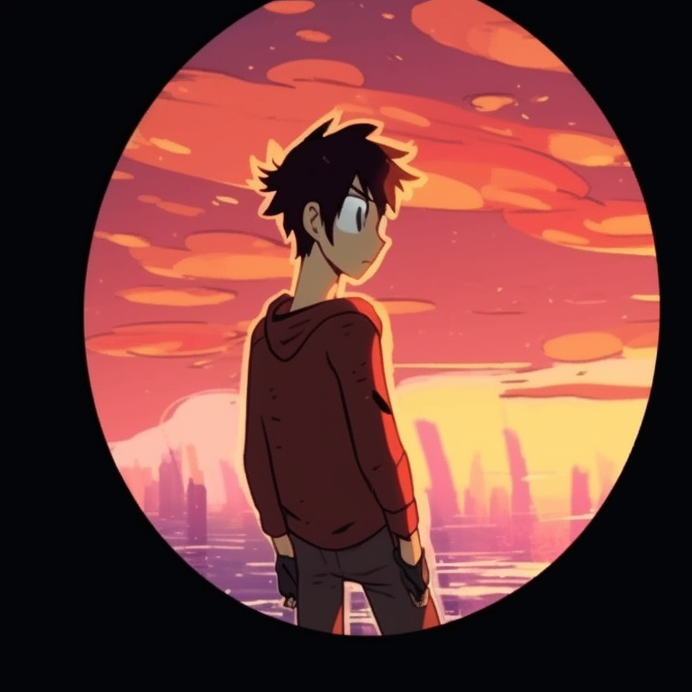 Two characters, contrasting outlines against a vivid sunset, mirroring poses. innovative cartoon matching pfp designs pfp for discord.