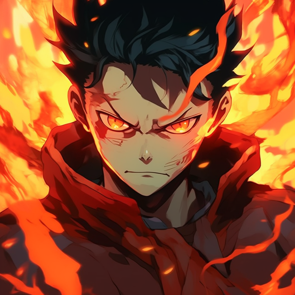 Close-up of a character with fire elements, showcasing high detail and vibrant hues. top fire anime pfp