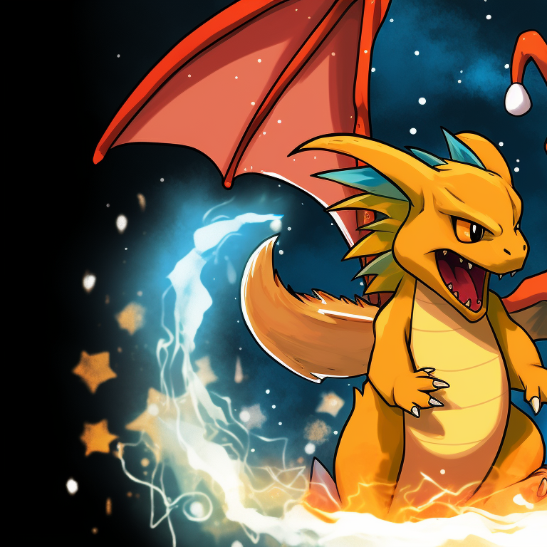 Two Charizards, Christmas lights wrapped around, warm and bright colors. charizard themed christmas apparel pfp for discord.