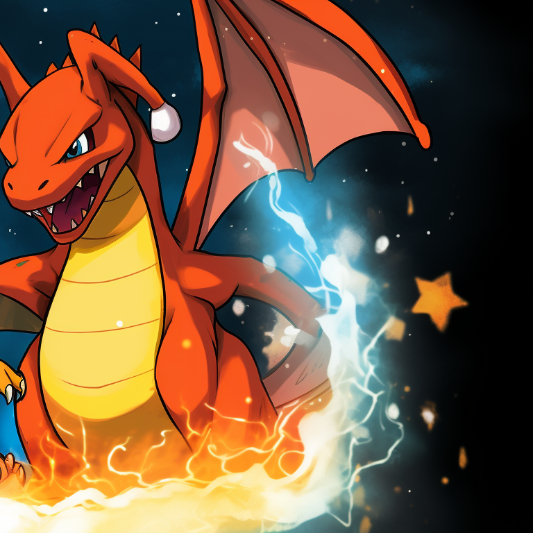 Two Charizards, Christmas lights wrapped around, warm and bright colors. charizard themed christmas apparel pfp for discord.