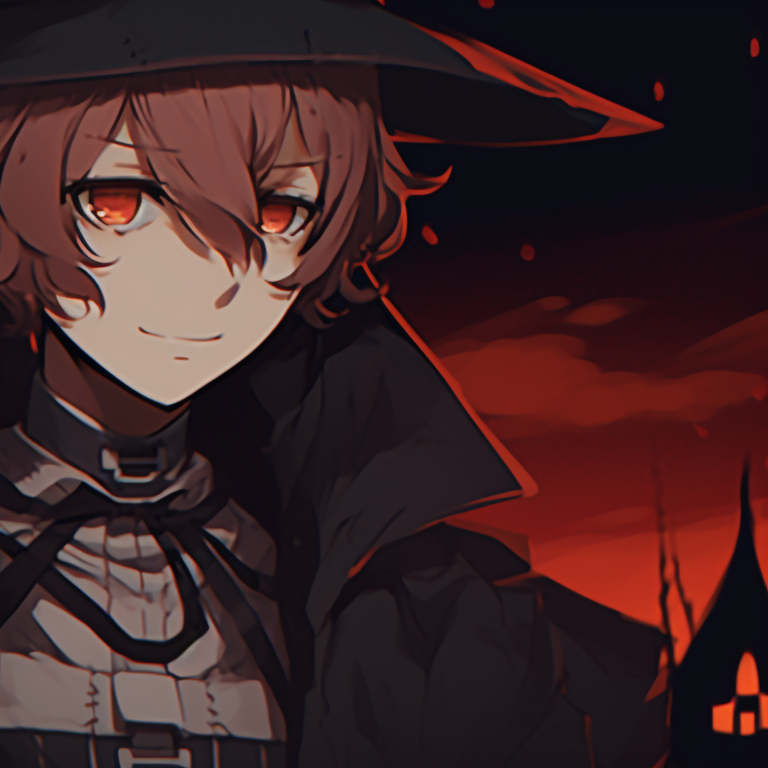 Two characters in Halloween inspired clothing, intricate detailing and cool color palette. matching pfp dazai chuuya halloween theme pfp for discord.