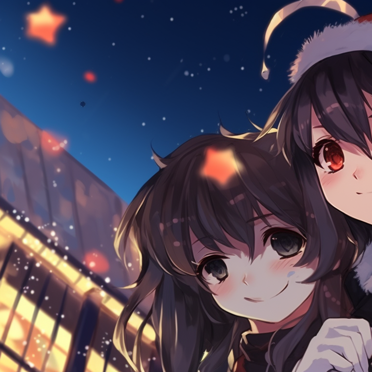 Two characters under a starlit sky, soft glow and Christmas decorations in the background. cool christmas matching discord pfp inspiration pfp for discord.