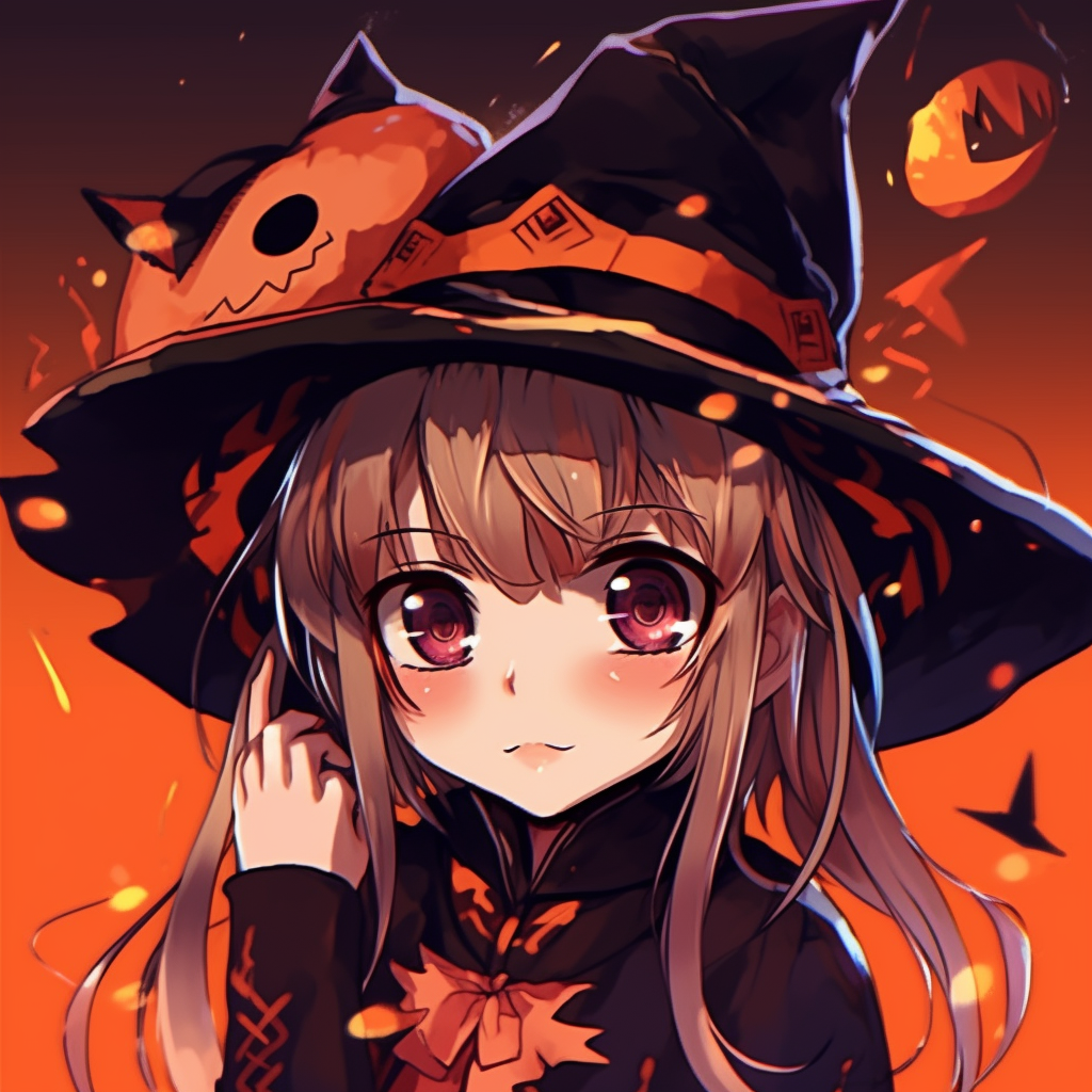 Close-up of a Halloween themed anime girl, pastel shades and aesthetic details in the background. cute halloween anime pfp
