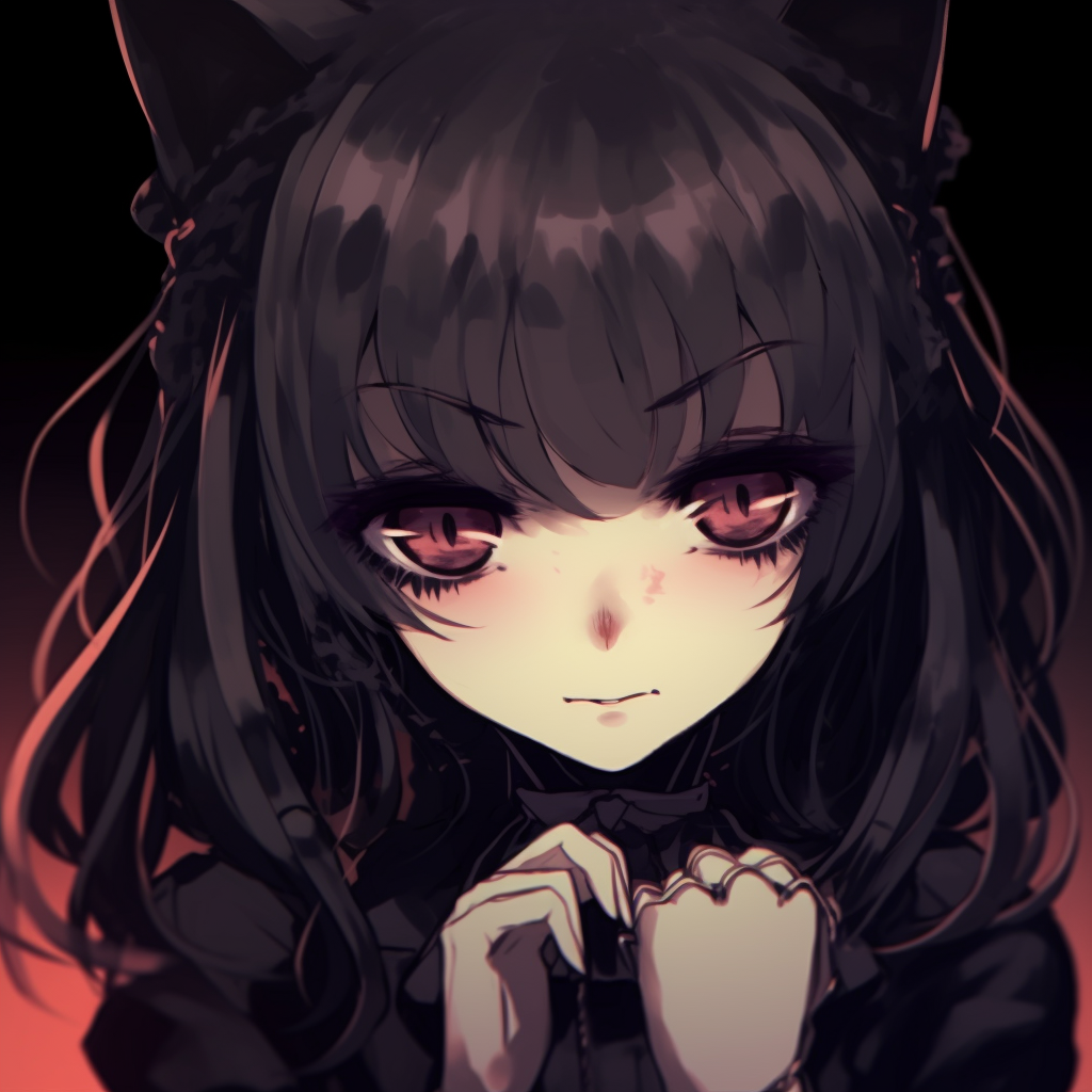Dark-haired gothic anime girl, high contrast between pale skin and dark hair, intricate hair details and choker. adorable goth anime girl pfp pfp for discord.
