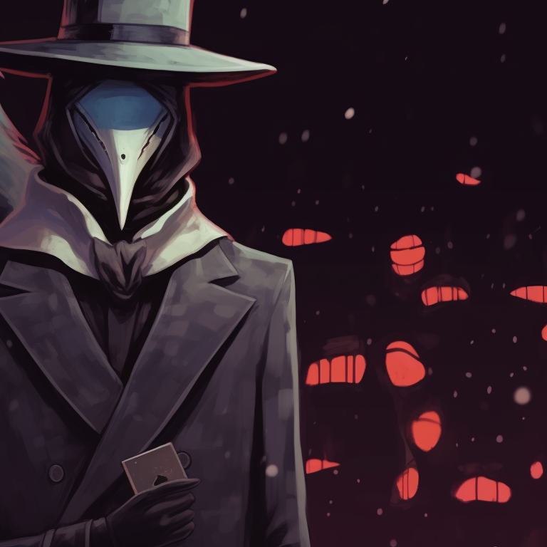 Two characters in plague doctor outfits, under a starry Christmas night with snow falling around, muted color palette. matching plague doctor pfp christmas edition pfp for discord.