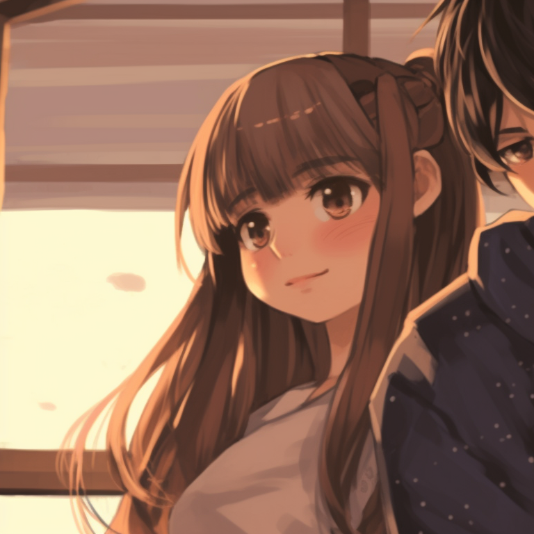 Two characters embracing each other during sunset, nostalgic background hues and soft lines. anime inspired matching pfp couples pfp for discord.