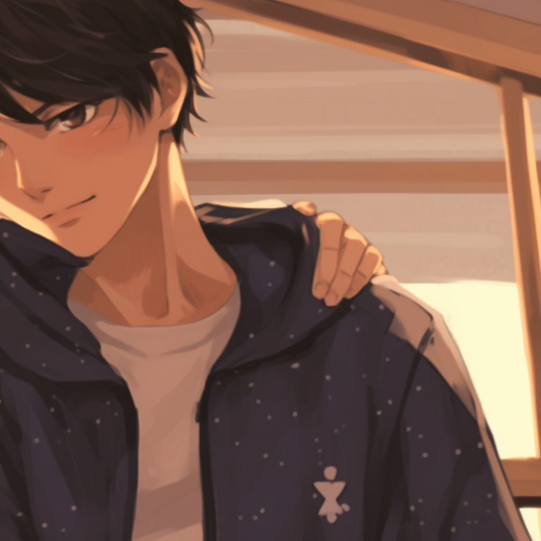 Two characters embracing each other during sunset, nostalgic background hues and soft lines. anime inspired matching pfp couples pfp for discord.