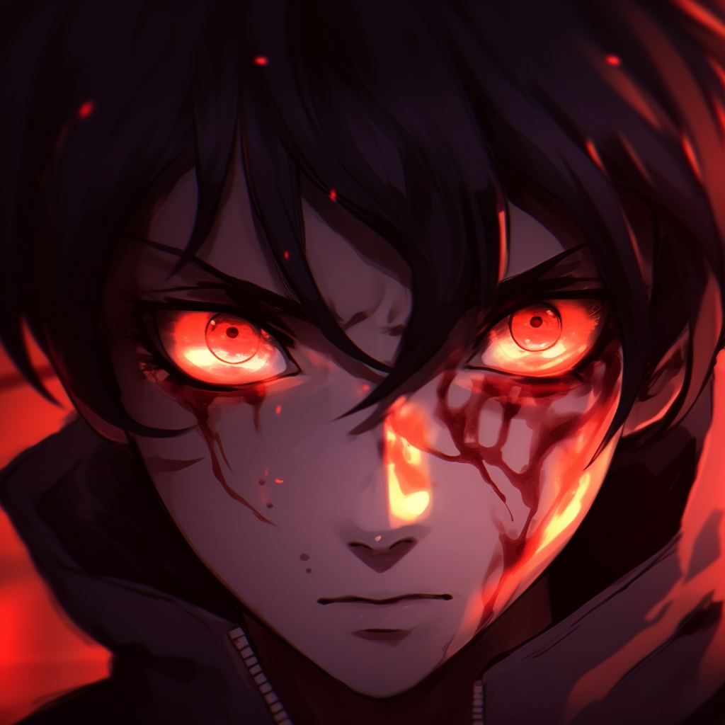 Anime boy's profile revealing fiery eyes, showcasing bursts of orange and reds with high contrast unique anime eyes pfp boy drawings