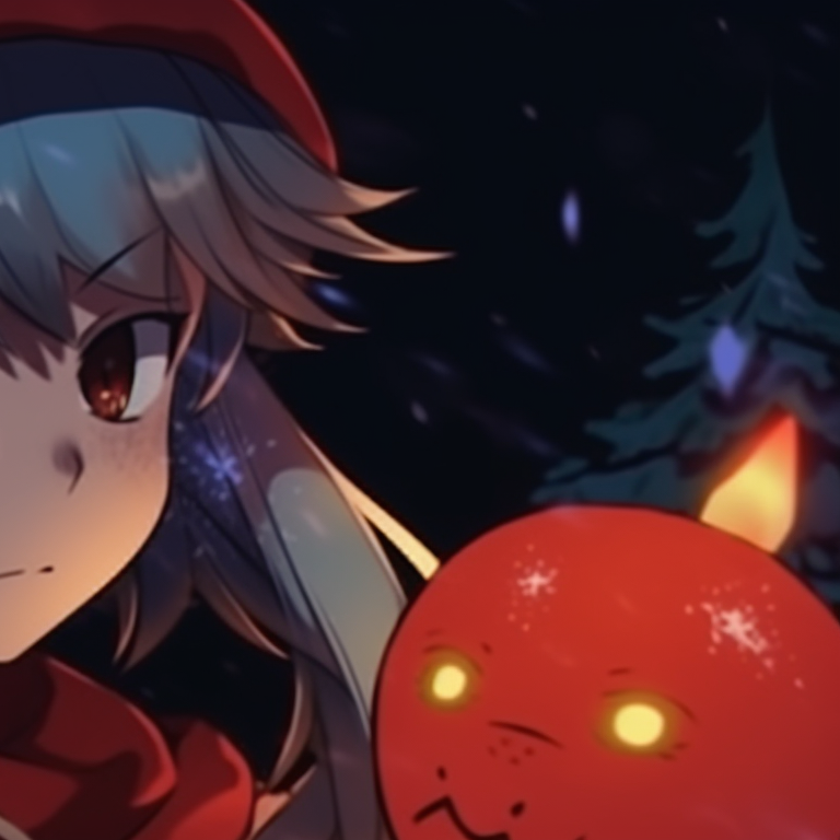 A pair of characters in elf outfits, darker undertones with sharp lines, set against a Halloween-themed decoration. unique anime christmas pfp blending halloween theme pfp for discord.