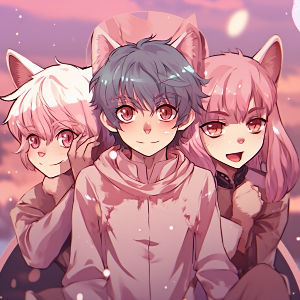 The trio posed together, soft pastel tones and light shading. anime 3 matching pfp aesthetics