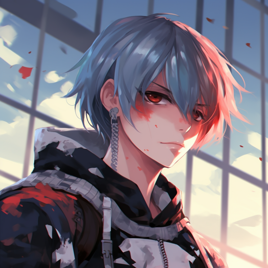 Vivid depiction of Todoroki's fiery side, characterized by the intense tones of red and orange. popular good anime pfp