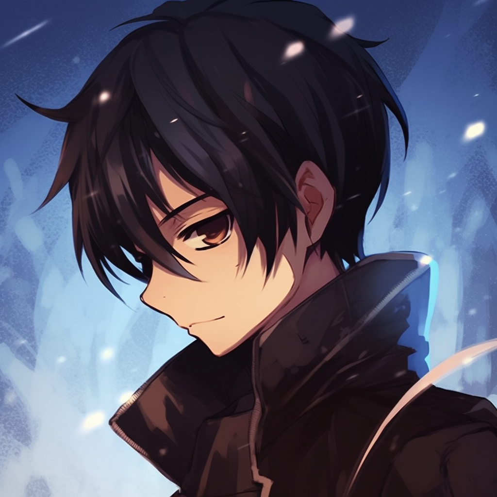 Focused detail on Kirito's eyes, vibrant colors and emotional intensity. modern anime male pfp pfp for discord.