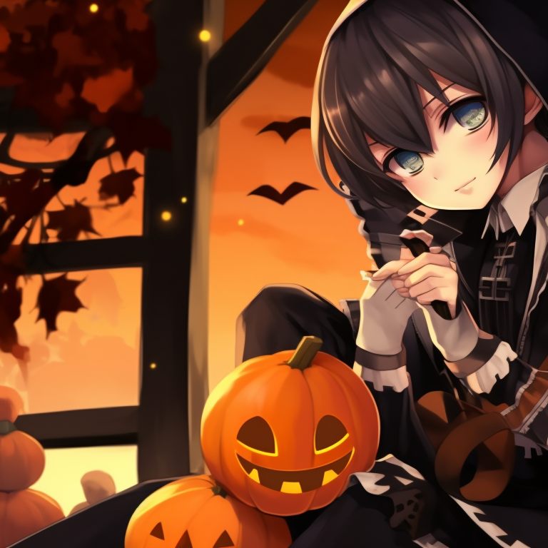 Two characters, one dressed as a turkey and the other in a pilgrim outfit, under a full autumn moon, warm colors dominating the scene. thanksgiving matching pfp with halloween theme for her pfp for discord.