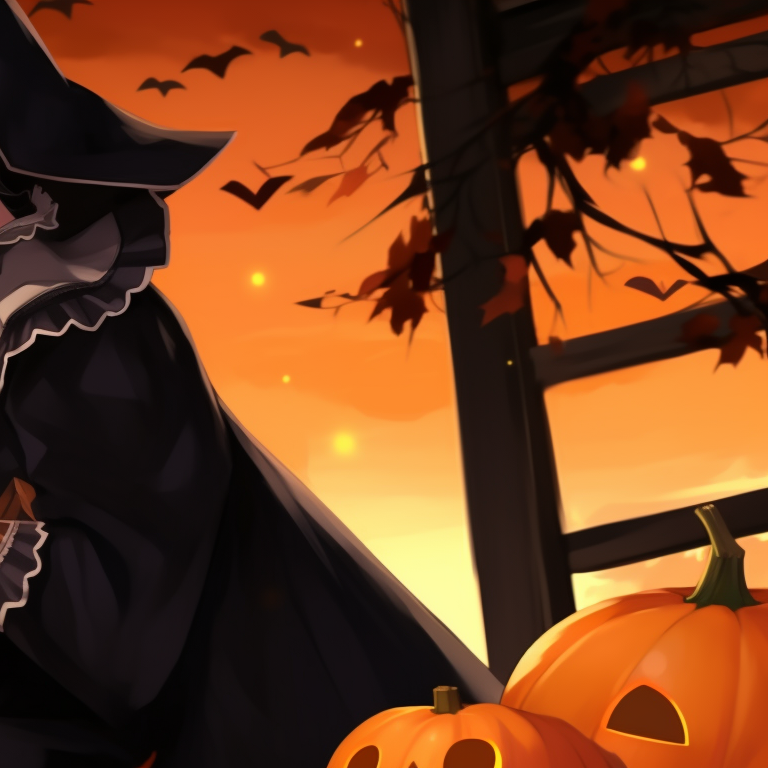 Two characters, one dressed as a turkey and the other in a pilgrim outfit, under a full autumn moon, warm colors dominating the scene. thanksgiving matching pfp with halloween theme for her pfp for discord.