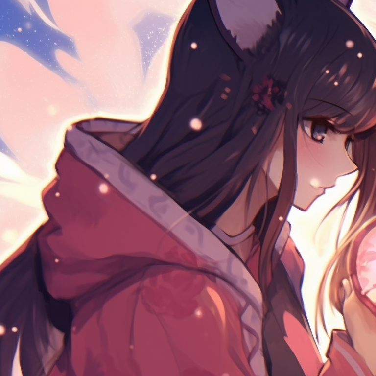 Two characters under a starlit sky, displaying an array of vibrant colors and intricate details on their outfits. real-life match pfp for couples pfp for discord.