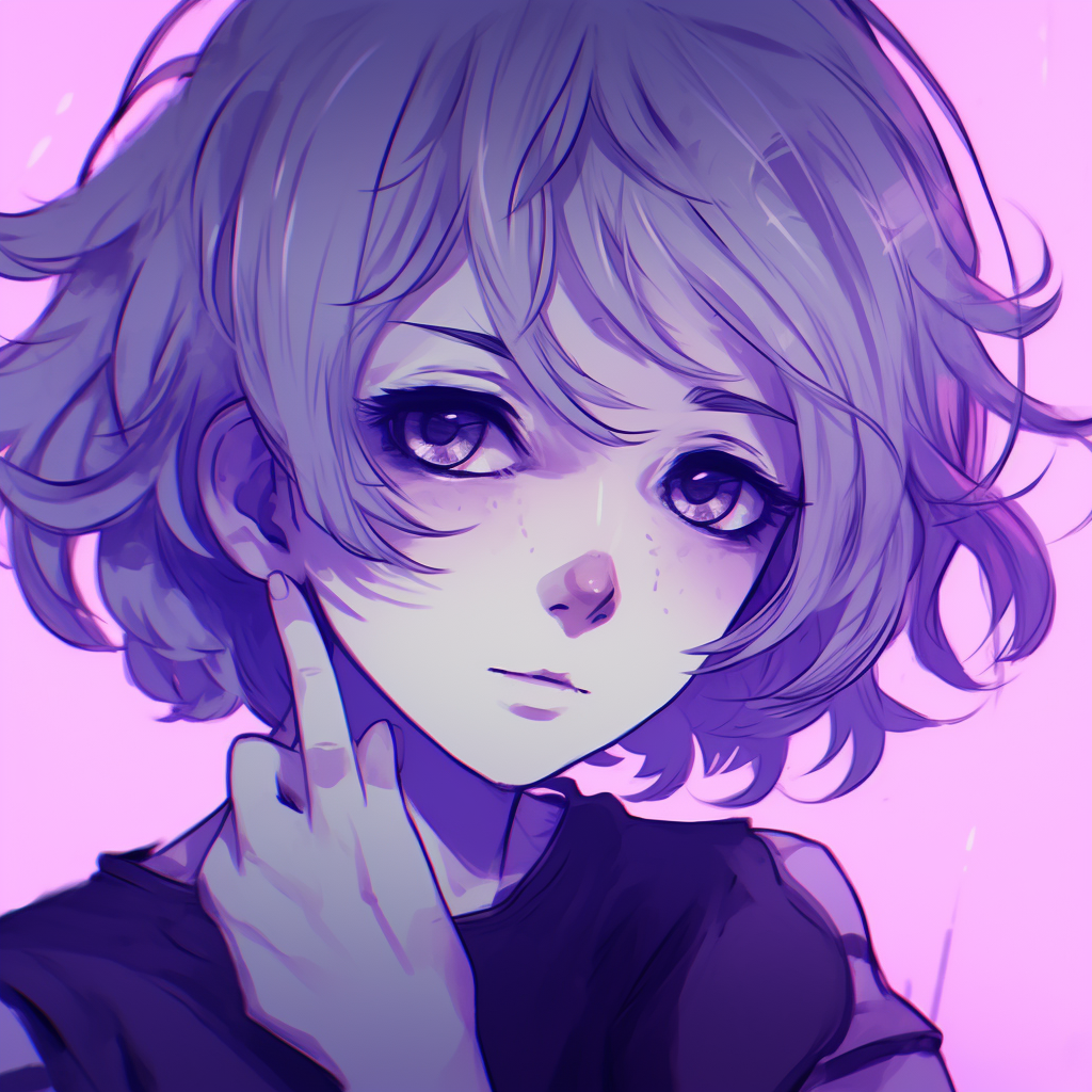 Up-close view of a tranquil anime girl with clear, purple eyes and delicate linework. anime purple pfp inspirations pfp for discord.
