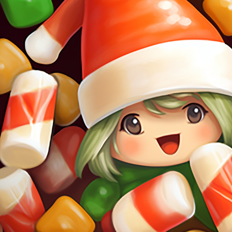 Two characters exchanging Christmas gifts, decked in warm candy corn colors. candy corn styled matching christmas pfp pfp for discord.