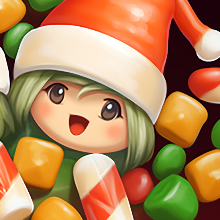 Two characters exchanging Christmas gifts, decked in warm candy corn colors. candy corn styled matching christmas pfp pfp for discord.