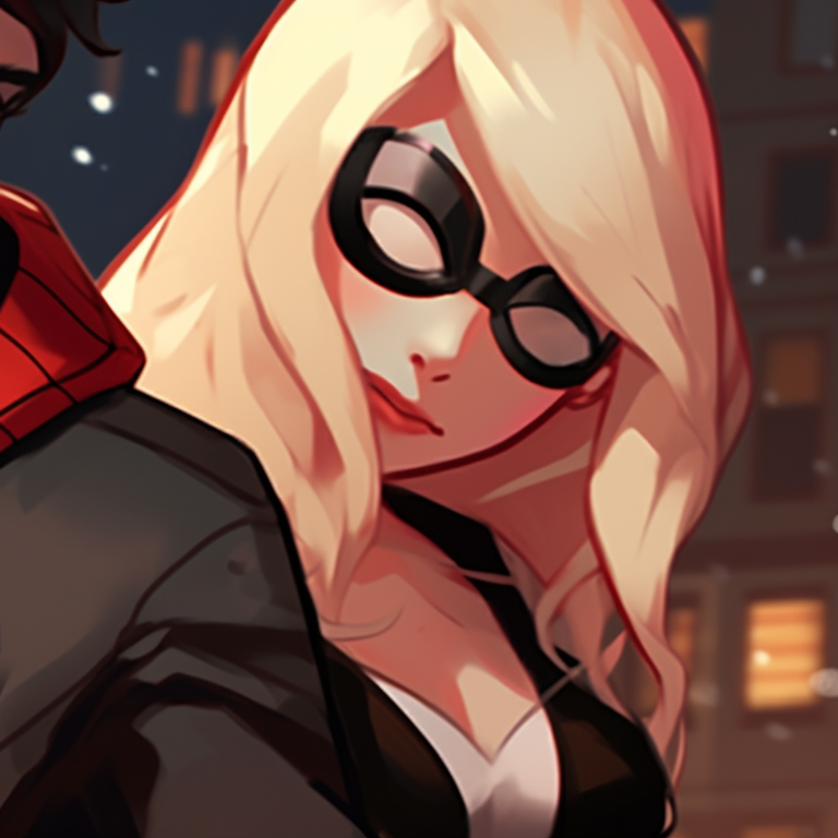 Spiderman and Gwen in casual outfits, fine details and soft colors, walking down a city street. spiderman and gwen matching pfp pfp for discord.