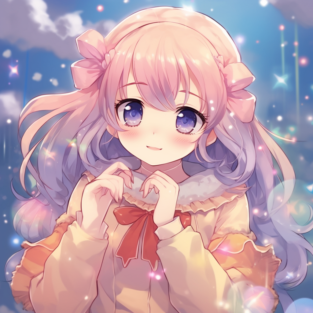 A magical girl with a glittering wand and pastel ribbons, lots of sparkles and bright colors. fabulous kawaii anime pfp designs