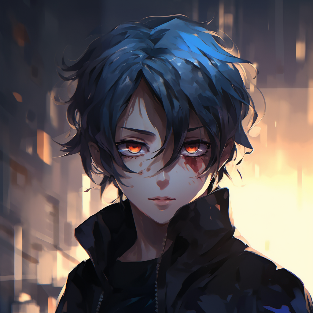 Anime boy looking speculative, detailed eye expression and subdued color palette. 4k anime boy profile picture
